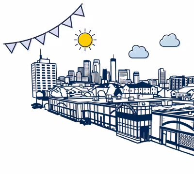 Illustration of Summit Academy OIC campus with Minneapolis skyline behind, a sun, clouds, and pennant banner. 