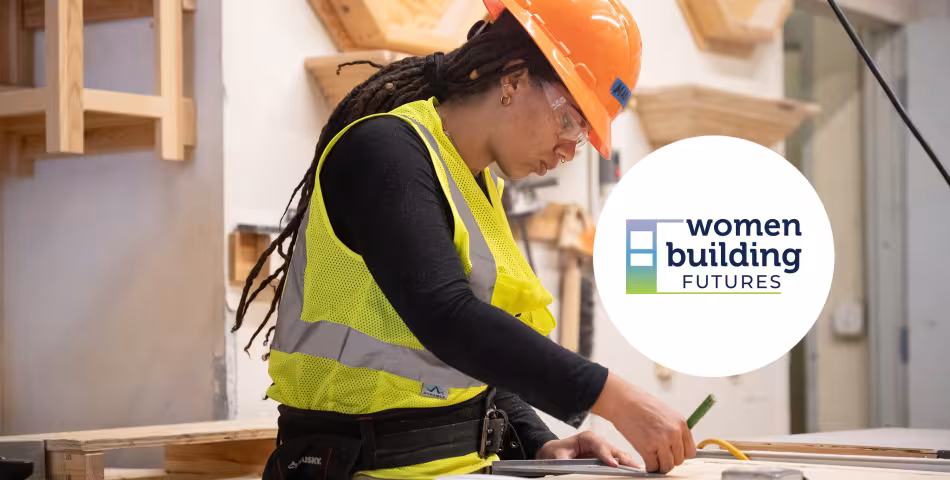 Photo of female carpentry student in the shop at Summit with overlay of the Women Building Futures logo
