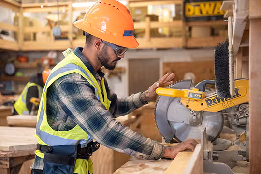 carpentry student at Summit using an electric saw