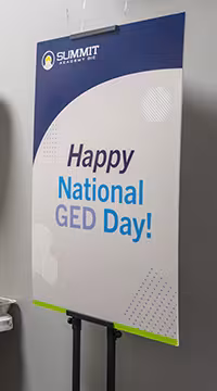 Happy National GED Day sign at Summit
